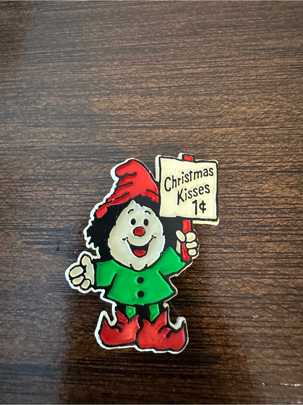Vintage Red & Green Holiday Elf Pin - Christmas Kisses Sign